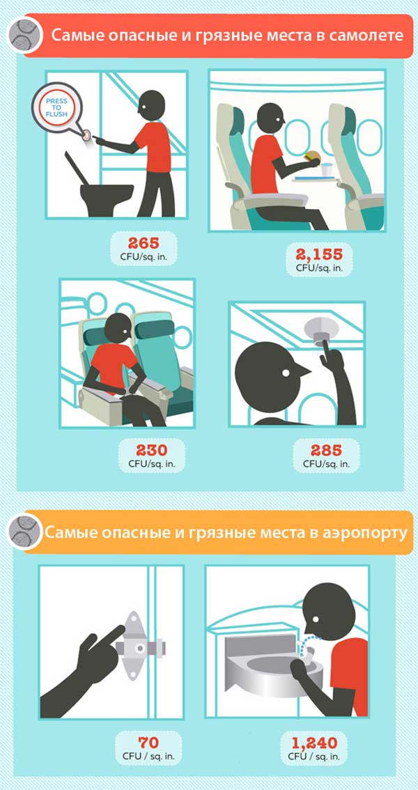 Инфографика Самые опасные места в самолете - где угроза бактерий и вирусов выше всего